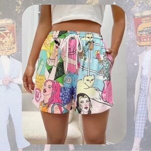 Multicolor high waist retro Y2K abstract drawstring comfy shorts